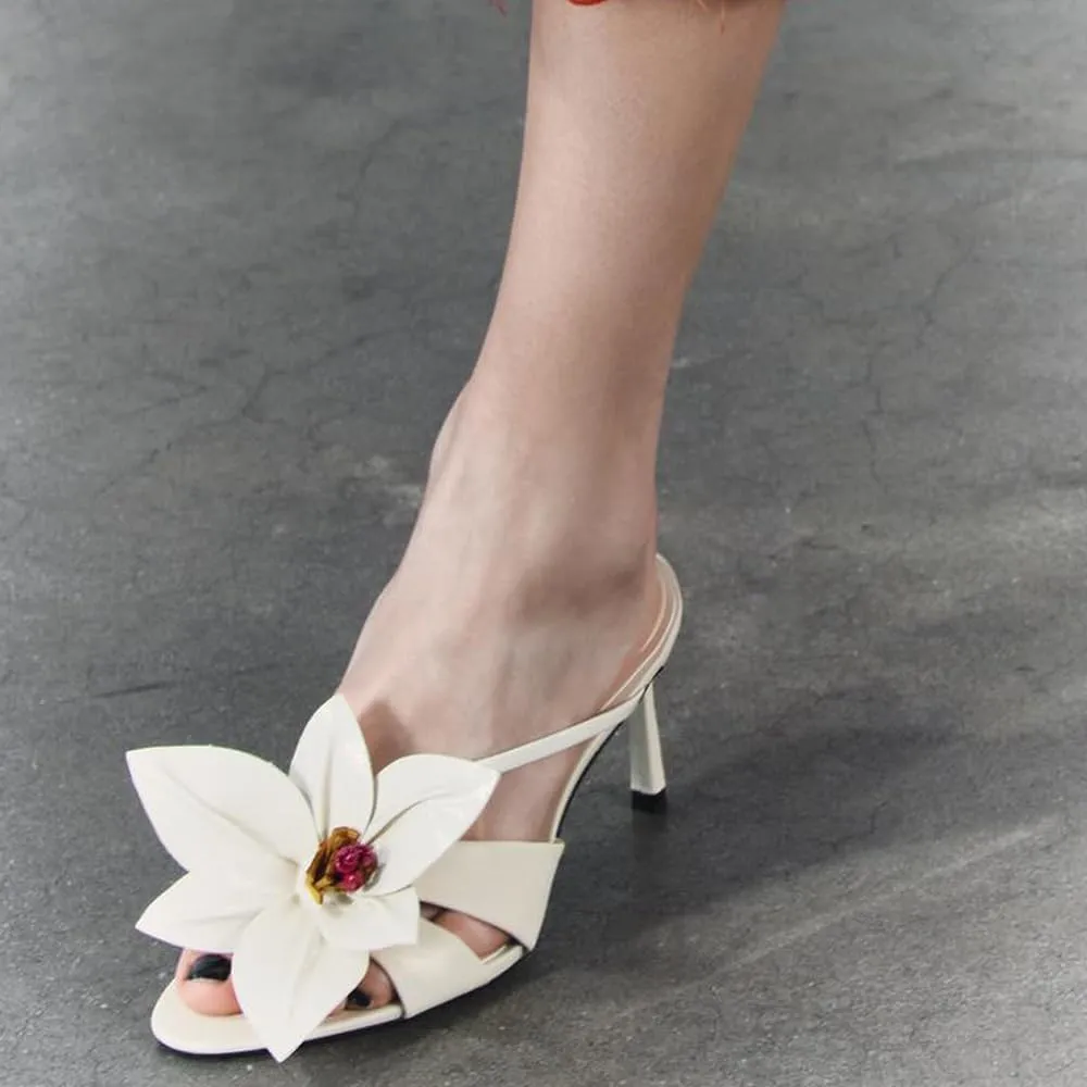YIYA Women's Flower Mules Heels Open Pointed Toe Stiletto Kitten Heels Slip On Dress Party Sandals