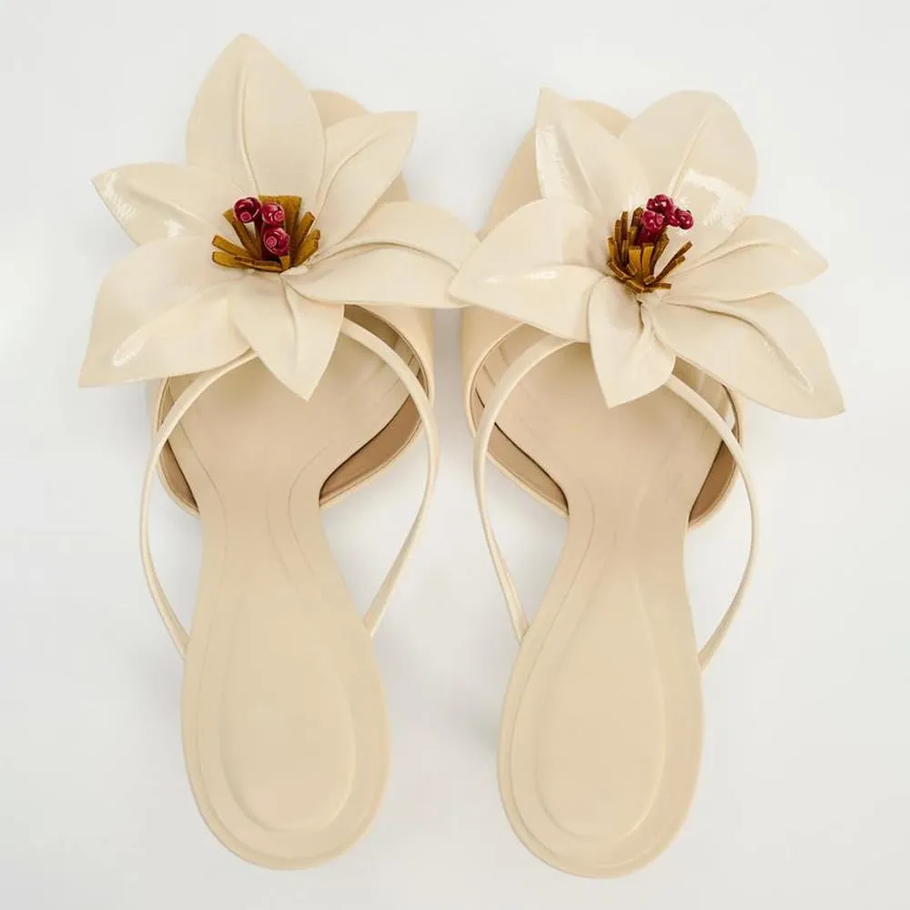 YIYA Women's Flower Mules Heels Open Pointed Toe Stiletto Kitten Heels Slip On Dress Party Sandals
