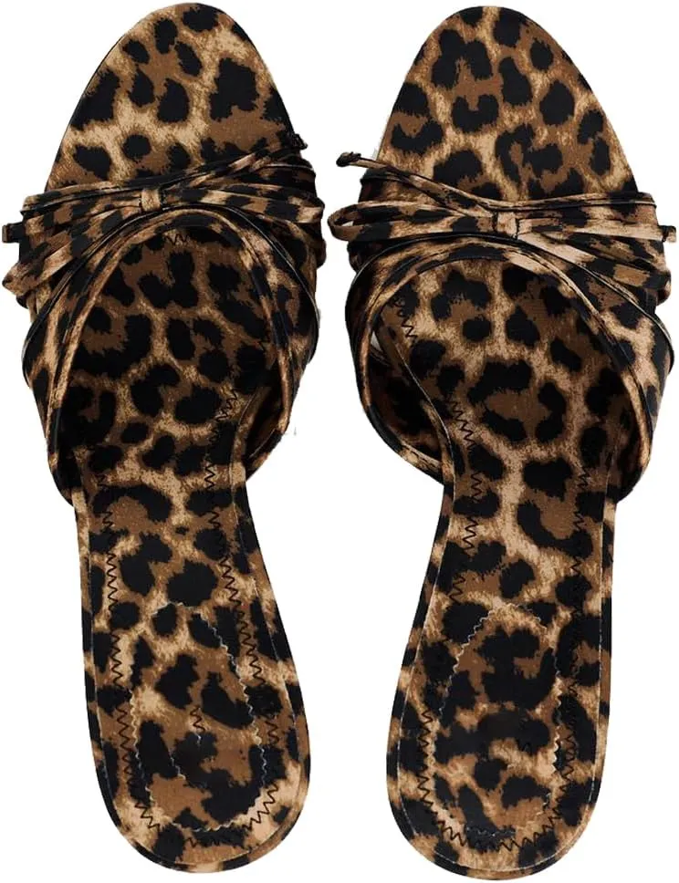 YIYA Women's Leopard Print Mules Heels with Bow Open Round Toe Stiletto High Heels Party Dress Slip On Backless Sandals