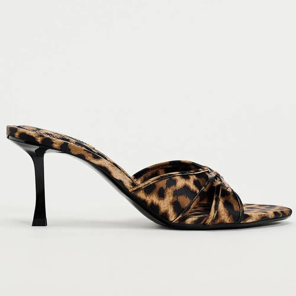 YIYA Women's Leopard Print Mules Heels with Bow Open Round Toe Stiletto High Heels Party Dress Slip On Backless Sandals