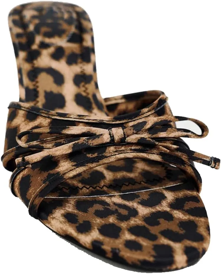 YIYA Women's Leopard Print Mules Heels with Bow Open Round Toe Stiletto High Heels Party Dress Slip On Backless Sandals