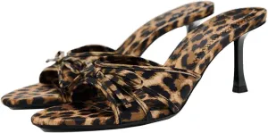 YIYA Women's Leopard Print Mules Heels with Bow Open Round Toe Stiletto High Heels Party Dress Slip On Backless Sandals