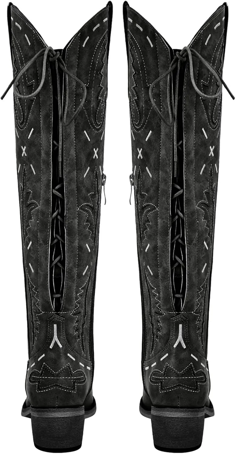 Yolkomo Cowboy Boots for Women Knee High Cowgirl Boots Lace Up