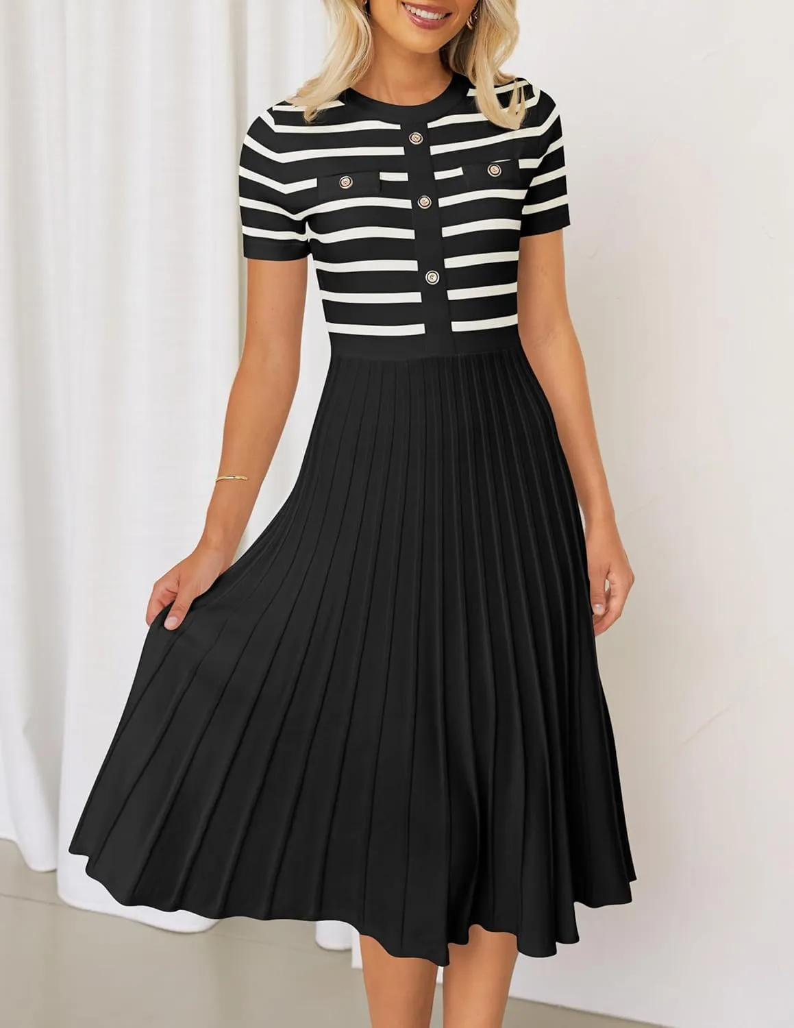 ZESICA Women's 2025 Casual Striped Midi Dress Crewneck Short Sleeve Button Ribbed Knit Swing Pleated A Line Dresses