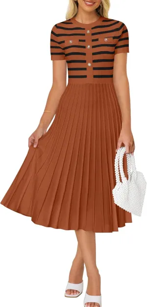 ZESICA Women's 2025 Casual Striped Midi Dress Crewneck Short Sleeve Button Ribbed Knit Swing Pleated A Line Dresses