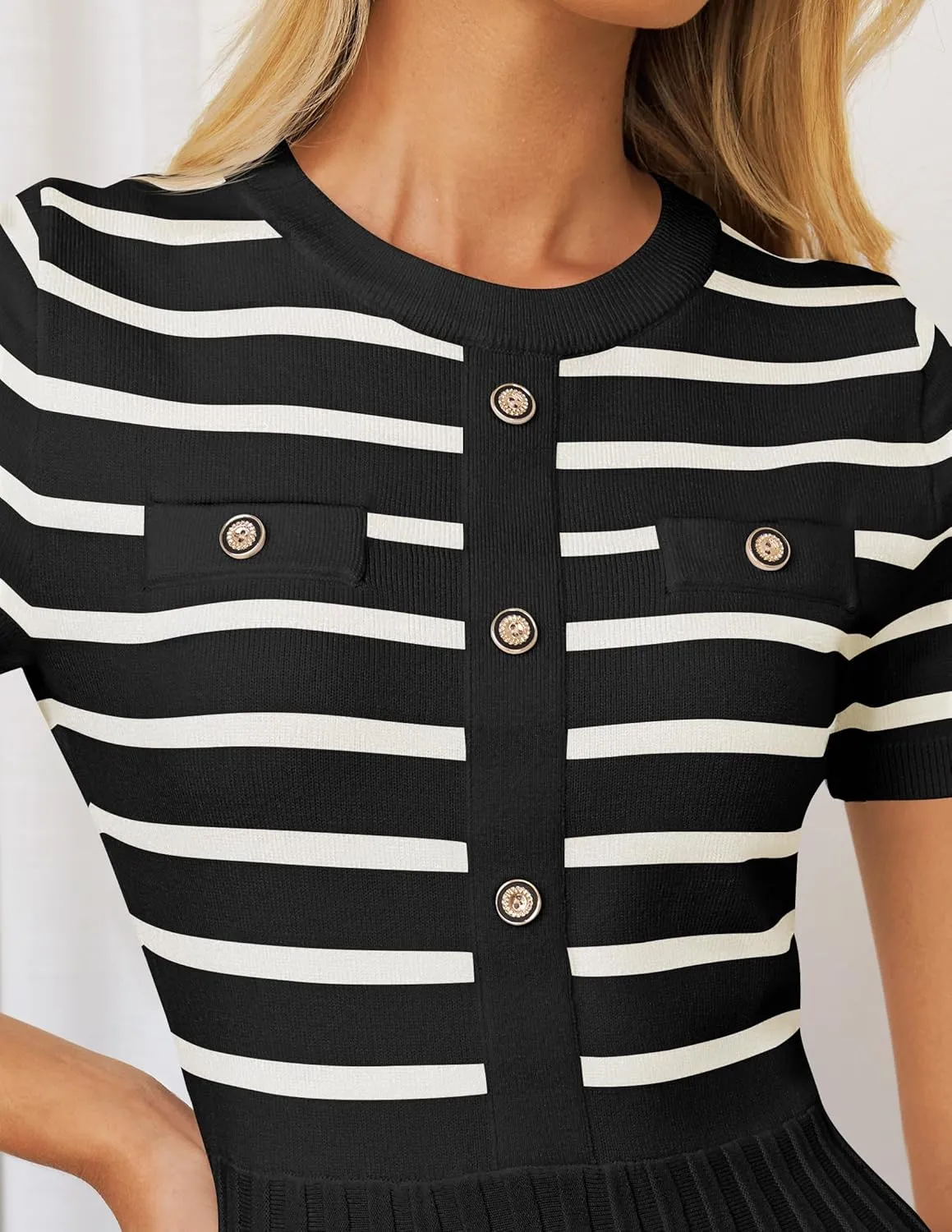 ZESICA Women's 2025 Casual Striped Midi Dress Crewneck Short Sleeve Button Ribbed Knit Swing Pleated A Line Dresses