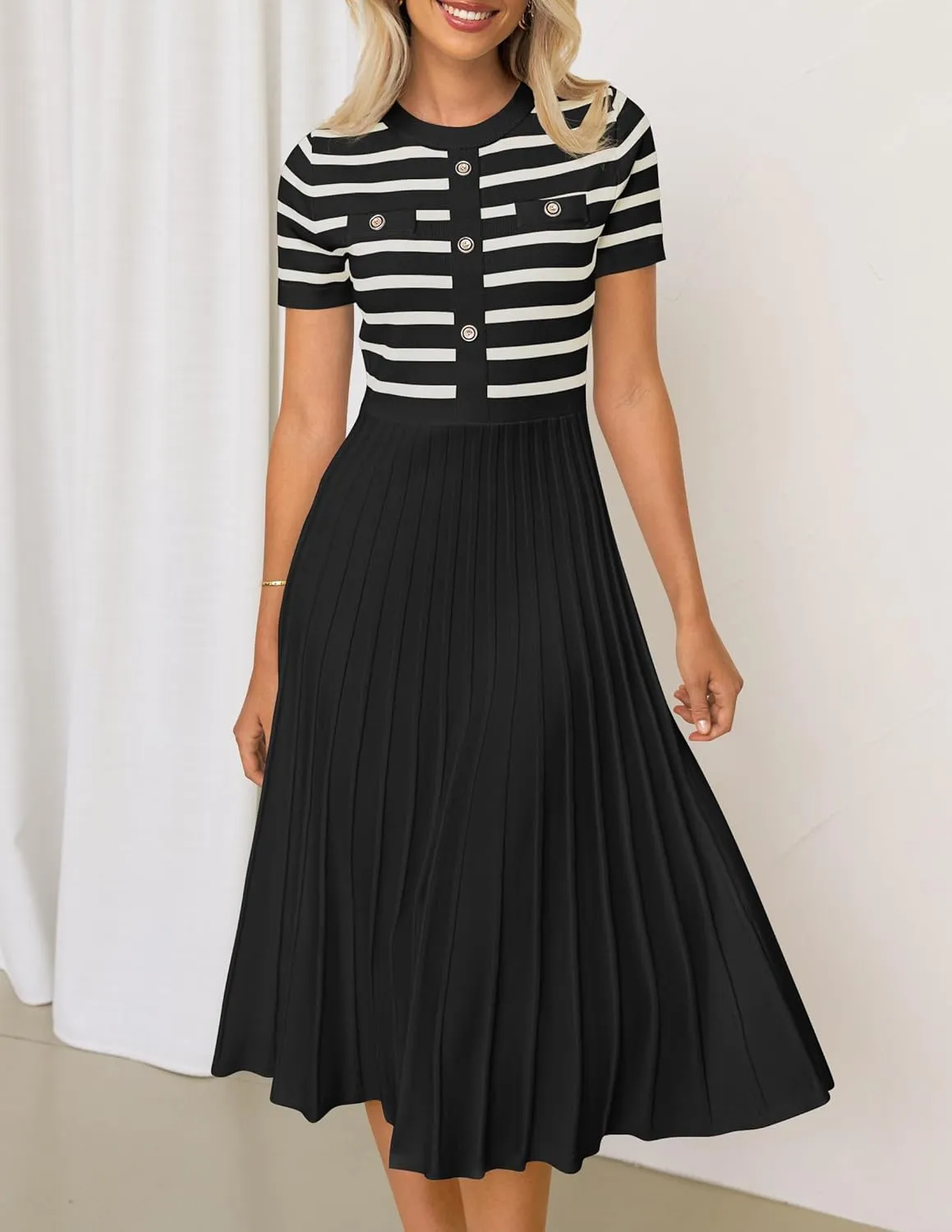 ZESICA Women's 2025 Casual Striped Midi Dress Crewneck Short Sleeve Button Ribbed Knit Swing Pleated A Line Dresses