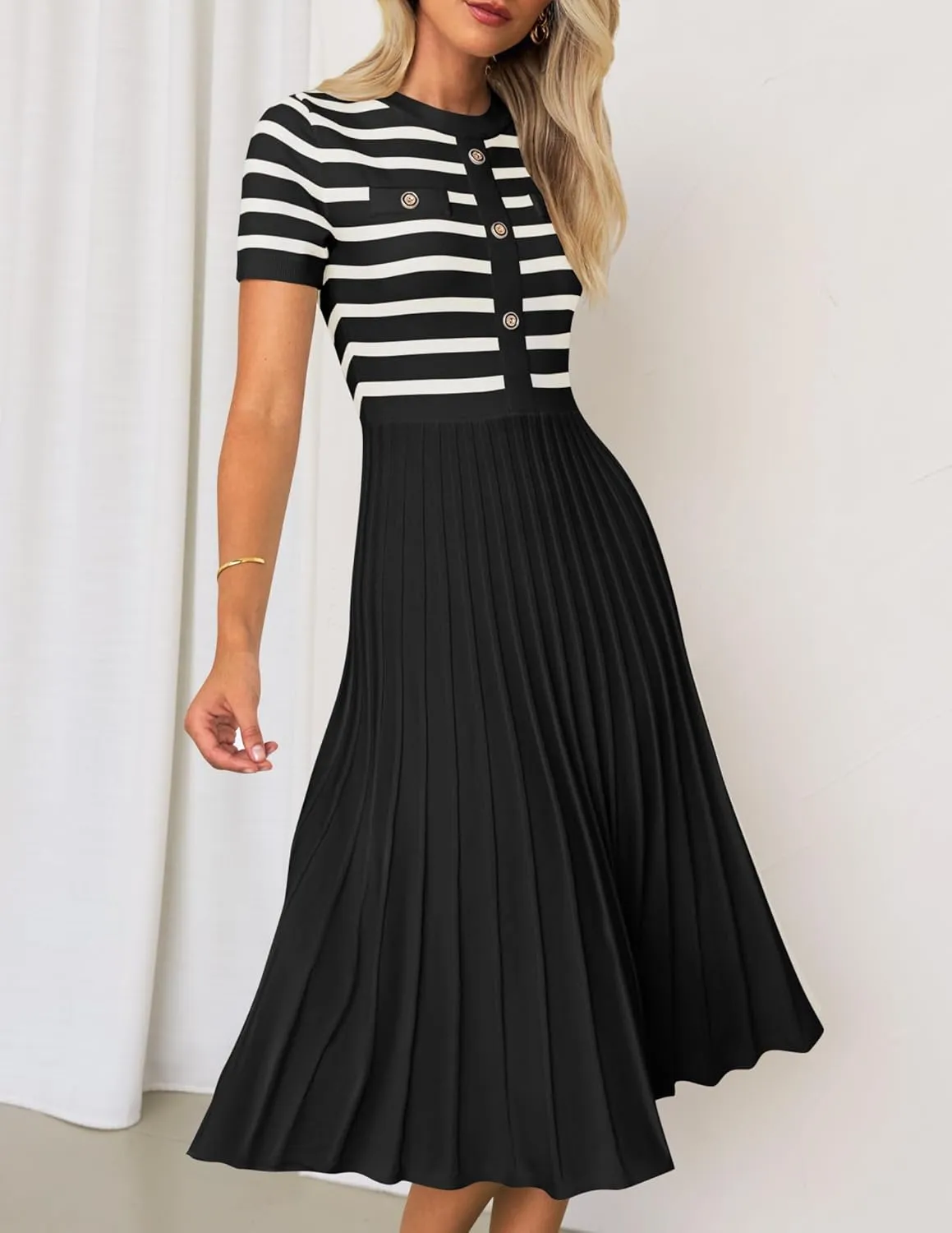 ZESICA Women's 2025 Casual Striped Midi Dress Crewneck Short Sleeve Button Ribbed Knit Swing Pleated A Line Dresses