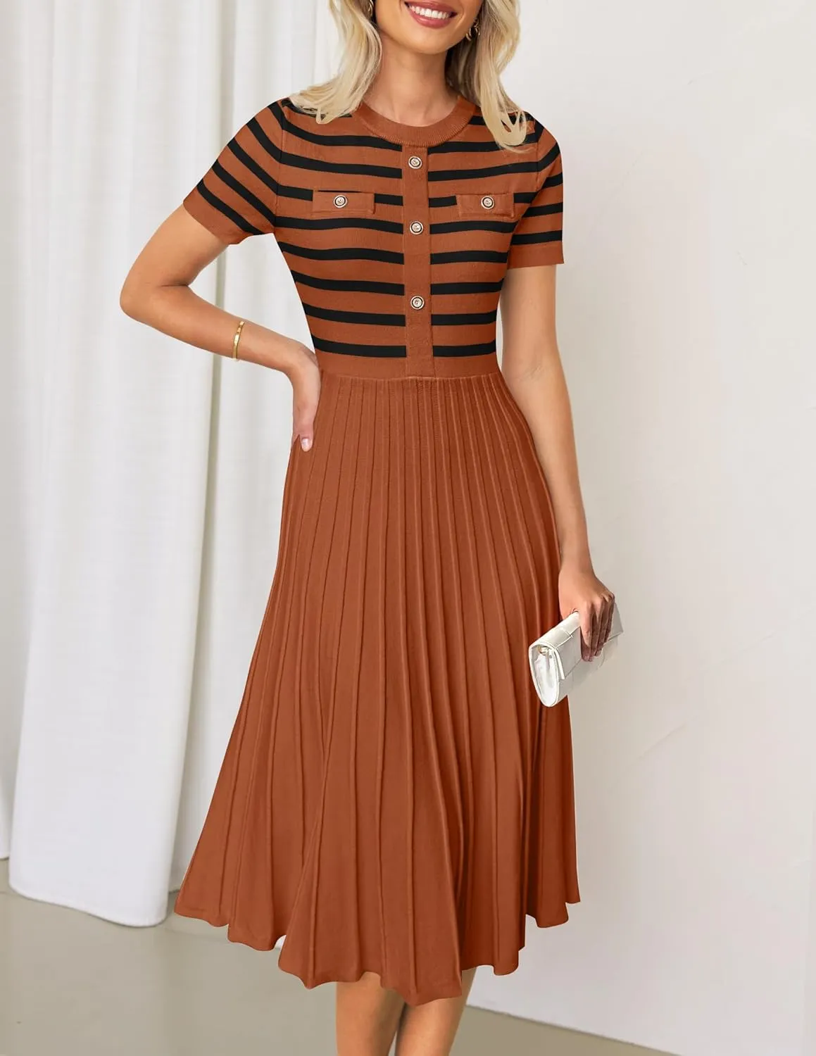 ZESICA Women's 2025 Casual Striped Midi Dress Crewneck Short Sleeve Button Ribbed Knit Swing Pleated A Line Dresses