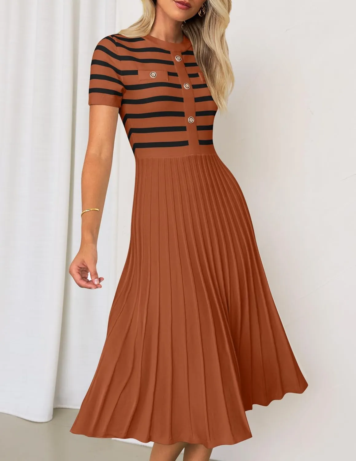 ZESICA Women's 2025 Casual Striped Midi Dress Crewneck Short Sleeve Button Ribbed Knit Swing Pleated A Line Dresses