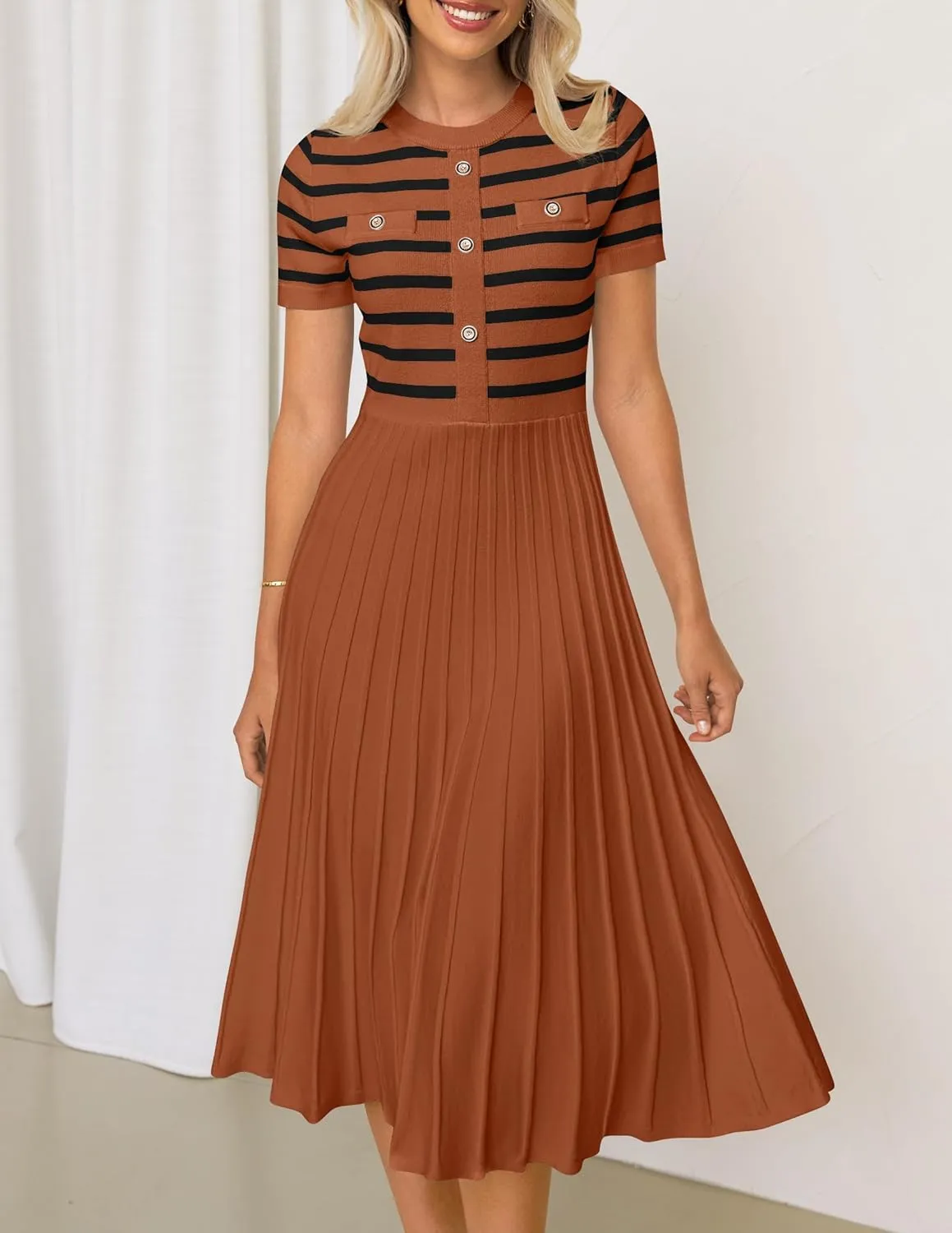 ZESICA Women's 2025 Casual Striped Midi Dress Crewneck Short Sleeve Button Ribbed Knit Swing Pleated A Line Dresses