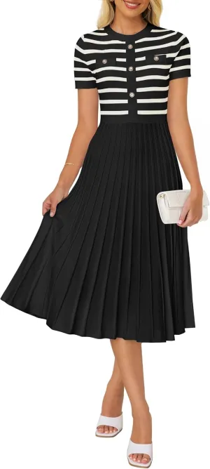 ZESICA Women's 2025 Casual Striped Midi Dress Crewneck Short Sleeve Button Ribbed Knit Swing Pleated A Line Dresses