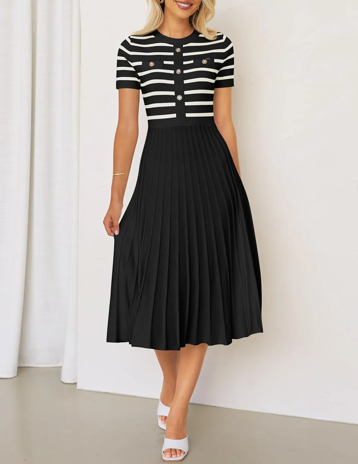 ZESICA Women's 2025 Casual Striped Midi Dress Crewneck Short Sleeve Button Ribbed Knit Swing Pleated A Line Dresses