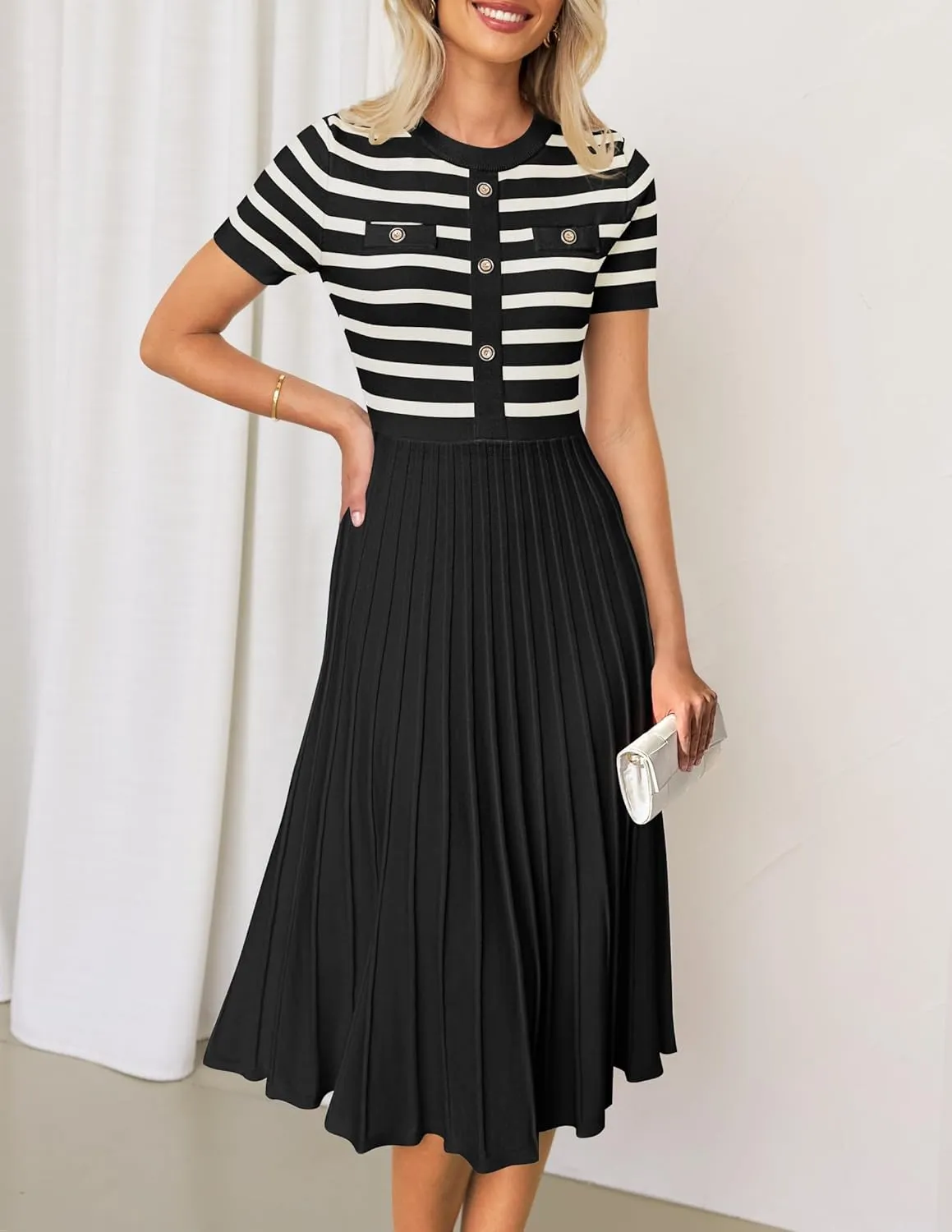ZESICA Women's 2025 Casual Striped Midi Dress Crewneck Short Sleeve Button Ribbed Knit Swing Pleated A Line Dresses