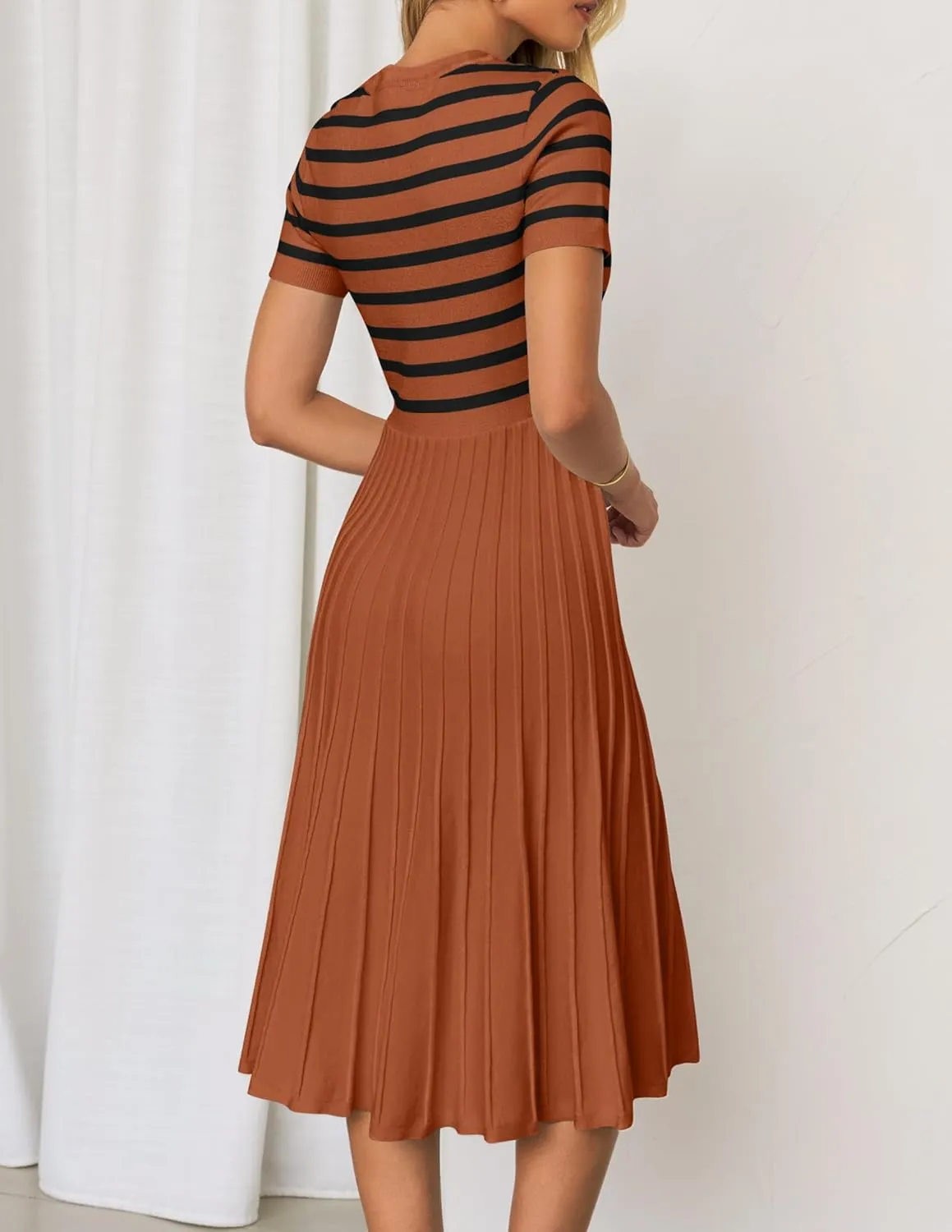 ZESICA Women's 2025 Casual Striped Midi Dress Crewneck Short Sleeve Button Ribbed Knit Swing Pleated A Line Dresses