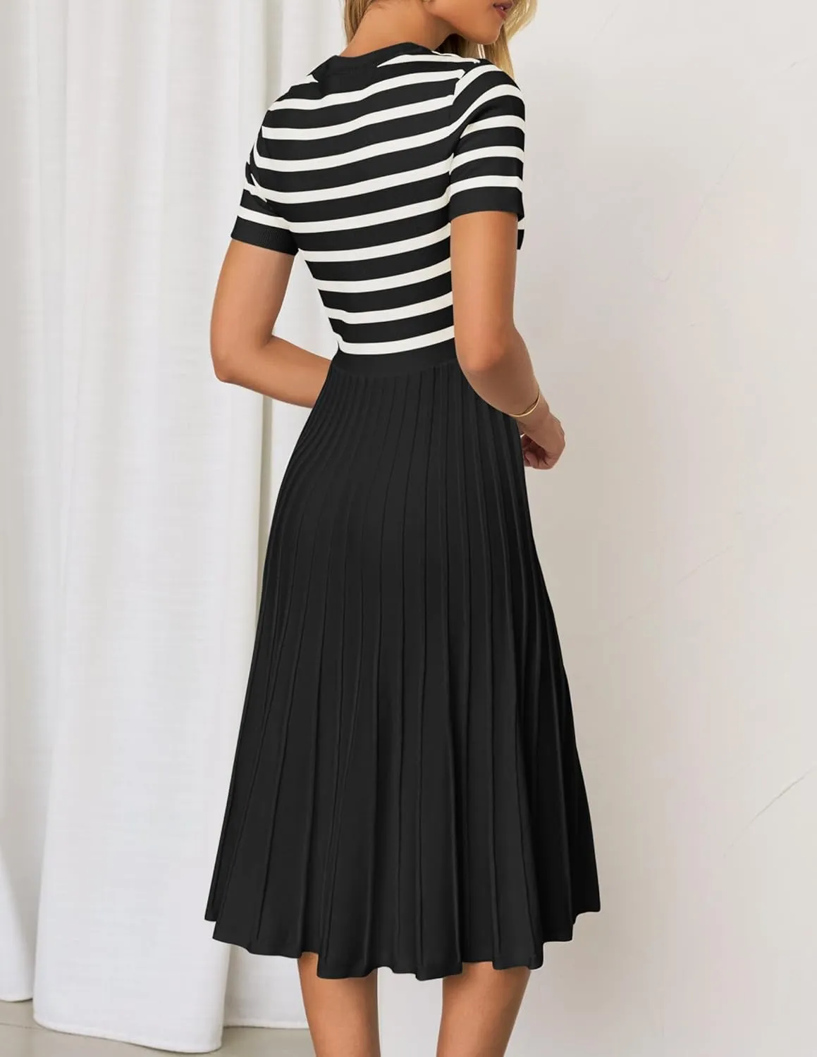 ZESICA Women's 2025 Casual Striped Midi Dress Crewneck Short Sleeve Button Ribbed Knit Swing Pleated A Line Dresses
