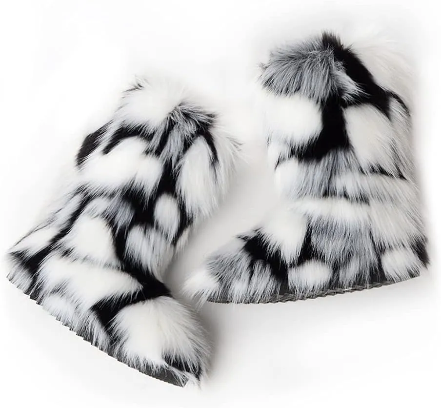 ZOSCGJMY Faux Fur Boots for Women Fuzzy Fluffy Furry Round Toe Suede Winter Snow Boots Flat Shoes