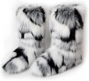 ZOSCGJMY Faux Fur Boots for Women Fuzzy Fluffy Furry Round Toe Suede Winter Snow Boots Flat Shoes