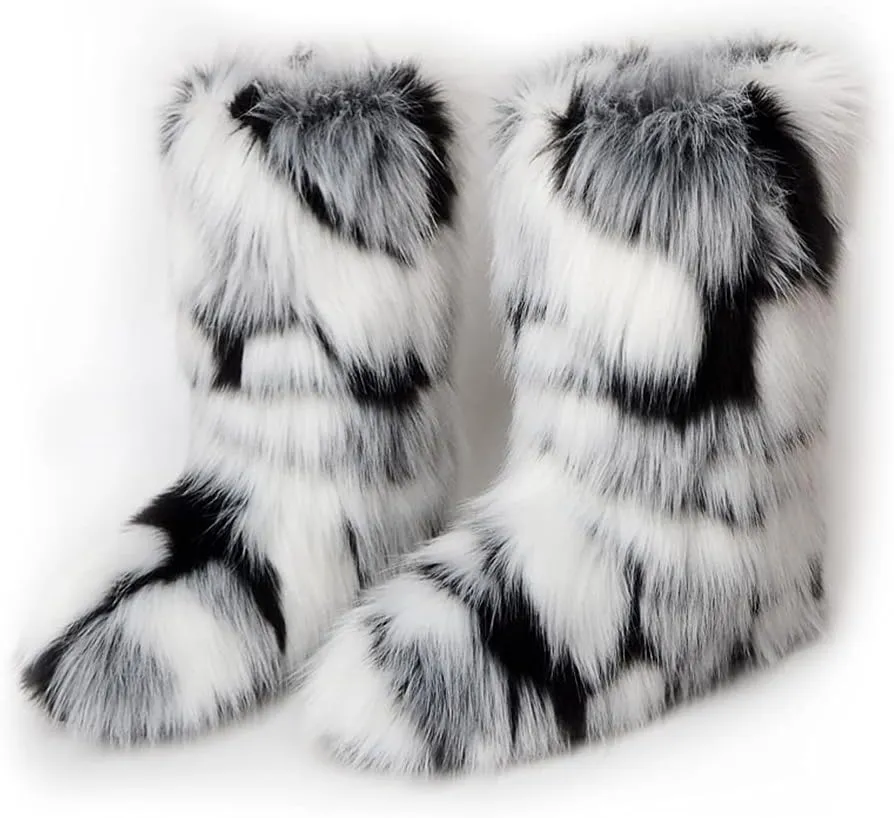 ZOSCGJMY Faux Fur Boots for Women Fuzzy Fluffy Furry Round Toe Suede Winter Snow Boots Flat Shoes
