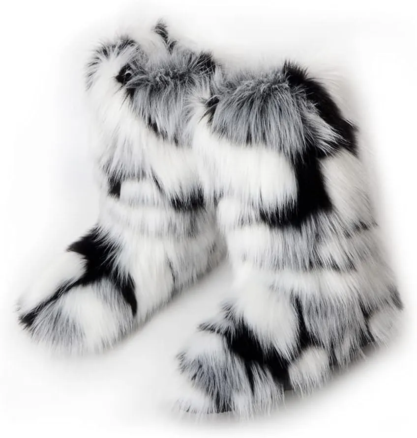 ZOSCGJMY Faux Fur Boots for Women Fuzzy Fluffy Furry Round Toe Suede Winter Snow Boots Flat Shoes