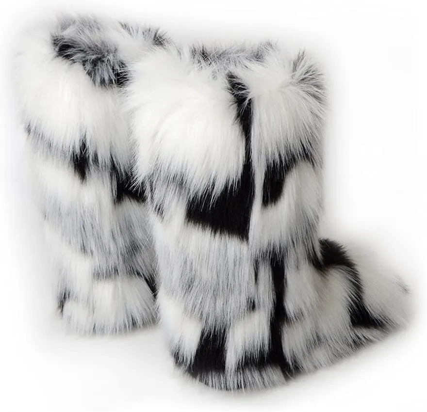 ZOSCGJMY Faux Fur Boots for Women Fuzzy Fluffy Furry Round Toe Suede Winter Snow Boots Flat Shoes