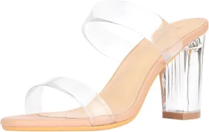 ZriEy Women's Chunky Block Open Toe Mid High Heeled Sandals Two Strap Slip on Heels Slide Sandals for Party Wedding Dress Dating Daily Pumps Shoes