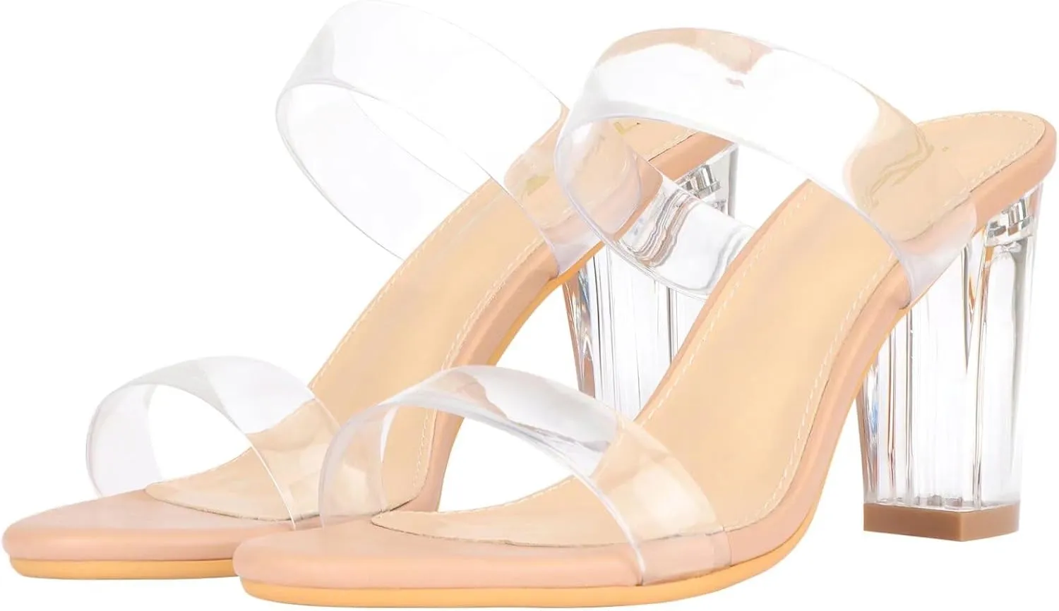 ZriEy Women's Chunky Block Open Toe Mid High Heeled Sandals Two Strap Slip on Heels Slide Sandals for Party Wedding Dress Dating Daily Pumps Shoes