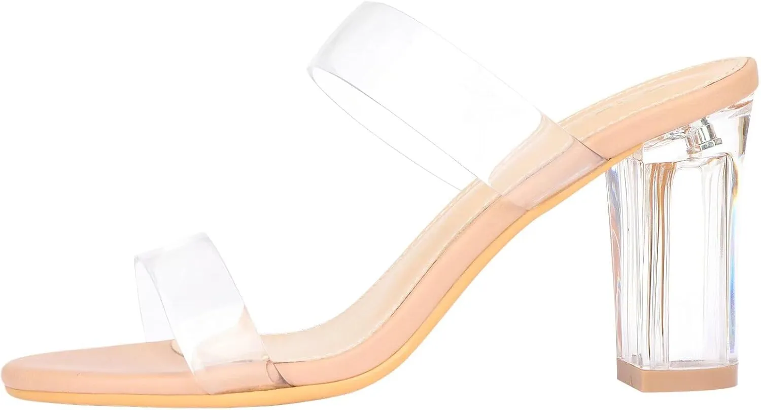 ZriEy Women's Chunky Block Open Toe Mid High Heeled Sandals Two Strap Slip on Heels Slide Sandals for Party Wedding Dress Dating Daily Pumps Shoes