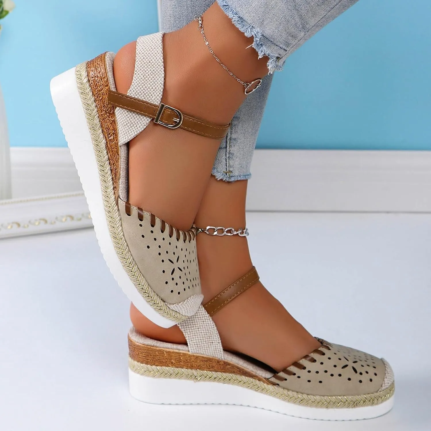 ZWRXW Closed Toe Sandals Women Arch Support Orthopedic Platform Wedge Sandals Buckle Ankle Strap Walking Sandal Boho Elegant Dressy Summer Shoes