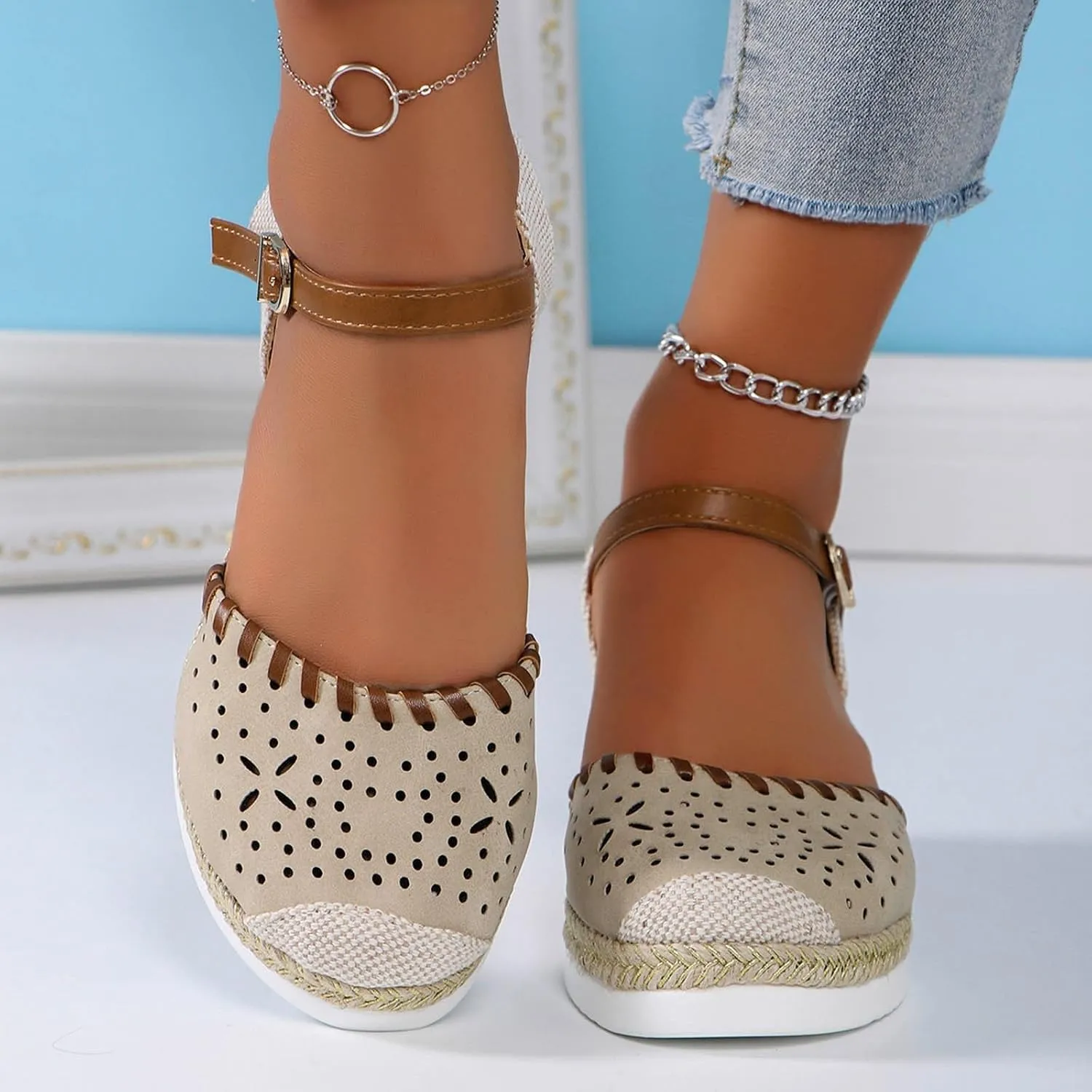 ZWRXW Closed Toe Sandals Women Arch Support Orthopedic Platform Wedge Sandals Buckle Ankle Strap Walking Sandal Boho Elegant Dressy Summer Shoes