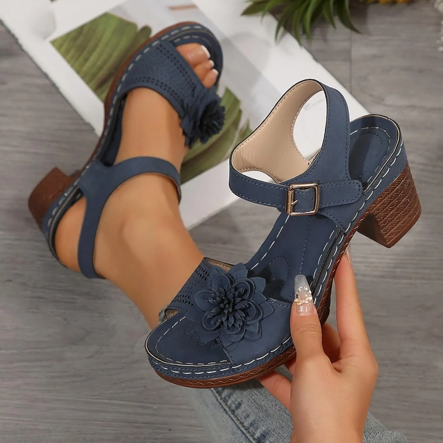 ZWRXW Open Toe Wedge Sandals for Womens Flower Buckle Ankle Strap Arch Support Orthopedic Wedge Casual Sandal Cute Fashion Dressy Bohemia Sandals Summer Comfortable Shoe