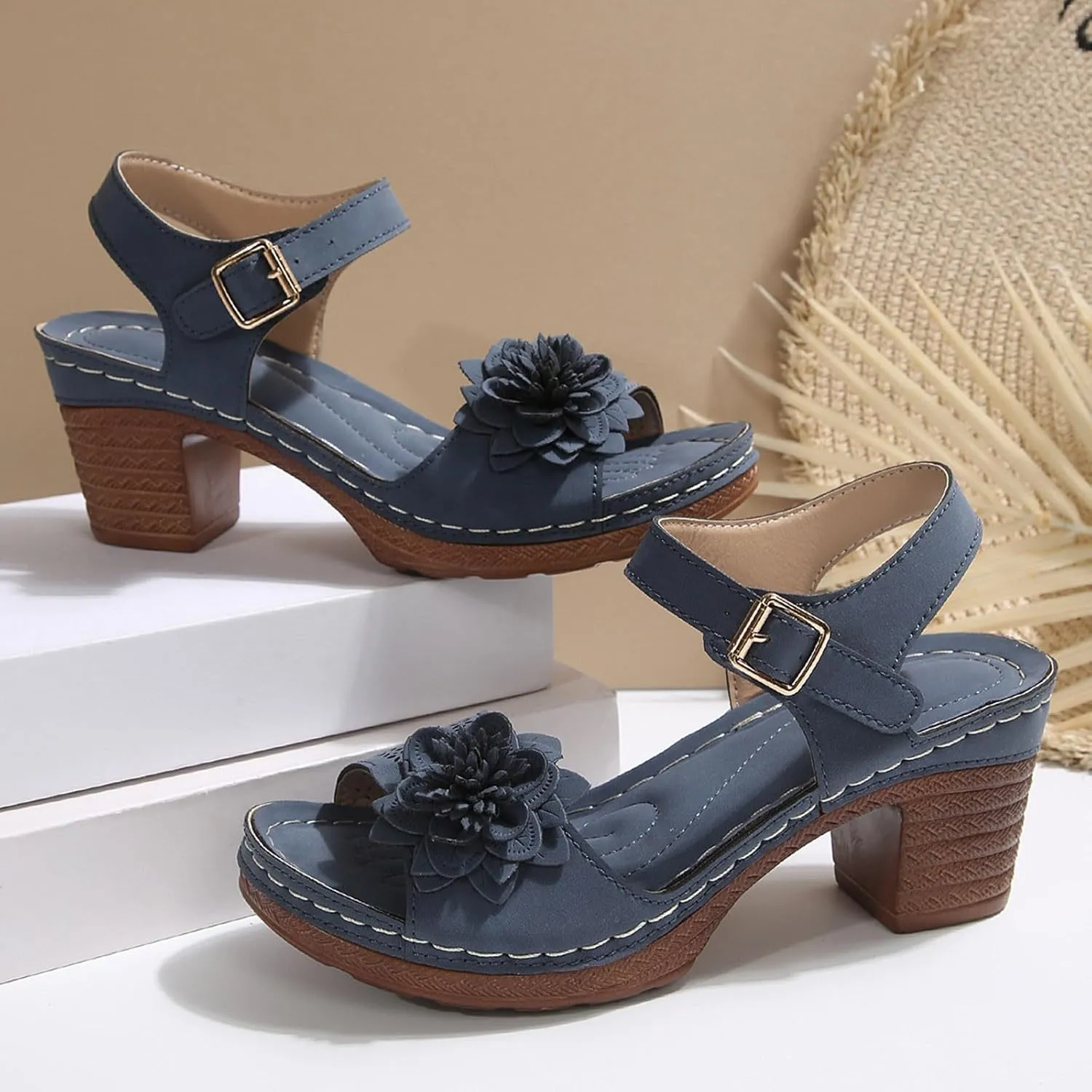 ZWRXW Open Toe Wedge Sandals for Womens Flower Buckle Ankle Strap Arch Support Orthopedic Wedge Casual Sandal Cute Fashion Dressy Bohemia Sandals Summer Comfortable Shoe