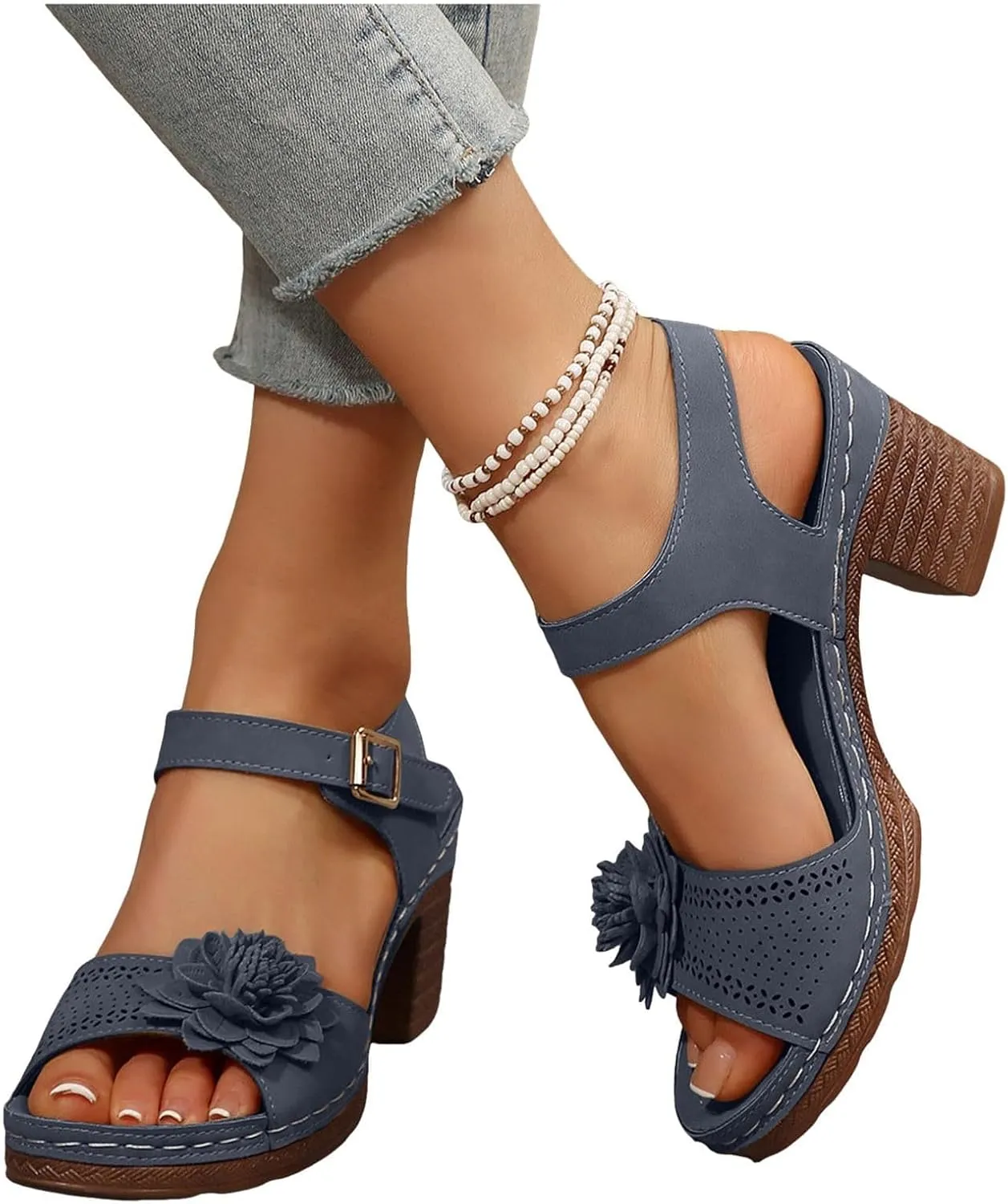 ZWRXW Open Toe Wedge Sandals for Womens Flower Buckle Ankle Strap Arch Support Orthopedic Wedge Casual Sandal Cute Fashion Dressy Bohemia Sandals Summer Comfortable Shoe