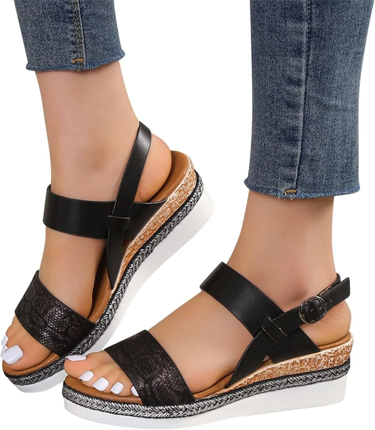 ZWRXW Sandals for Women 2025 Open Toe Ankle Strap Platform Sandal Arch Support Low Wedge Sandals Comfortable Dressy Summer Shoes Orthopedic Walking Shoes