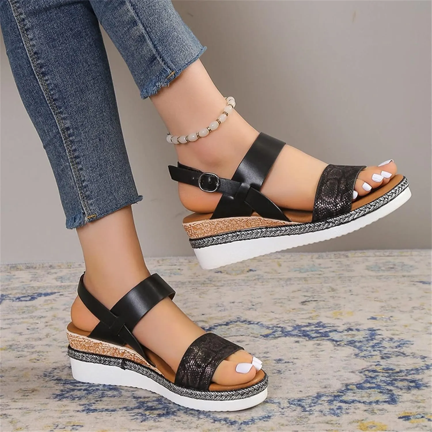 ZWRXW Sandals for Women 2025 Open Toe Ankle Strap Platform Sandal Arch Support Low Wedge Sandals Comfortable Dressy Summer Shoes Orthopedic Walking Shoes