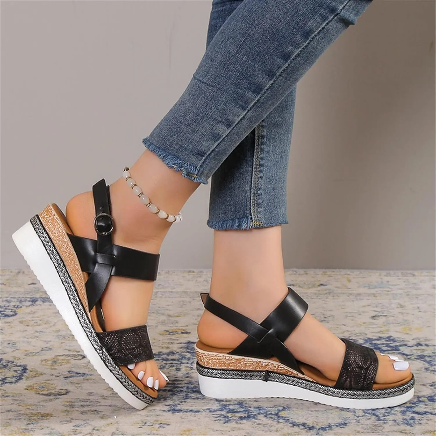 ZWRXW Sandals for Women 2025 Open Toe Ankle Strap Platform Sandal Arch Support Low Wedge Sandals Comfortable Dressy Summer Shoes Orthopedic Walking Shoes