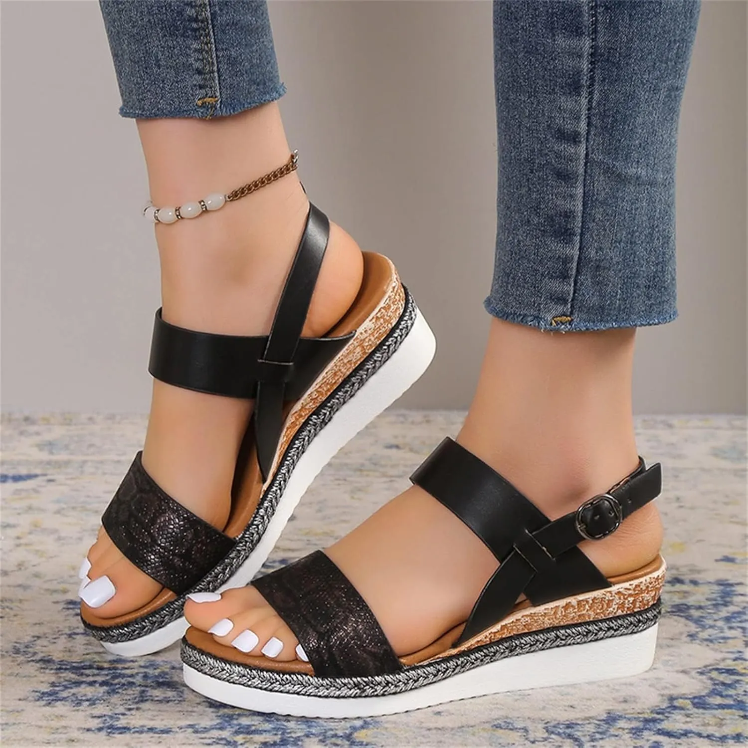 ZWRXW Sandals for Women 2025 Open Toe Ankle Strap Platform Sandal Arch Support Low Wedge Sandals Comfortable Dressy Summer Shoes Orthopedic Walking Shoes
